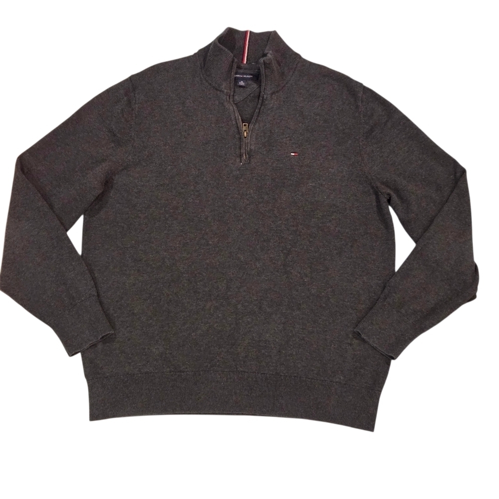 Tommy Hilfiger Men's Quarter Zip Sweater Pullover Charcoal Grey Heather Size XL